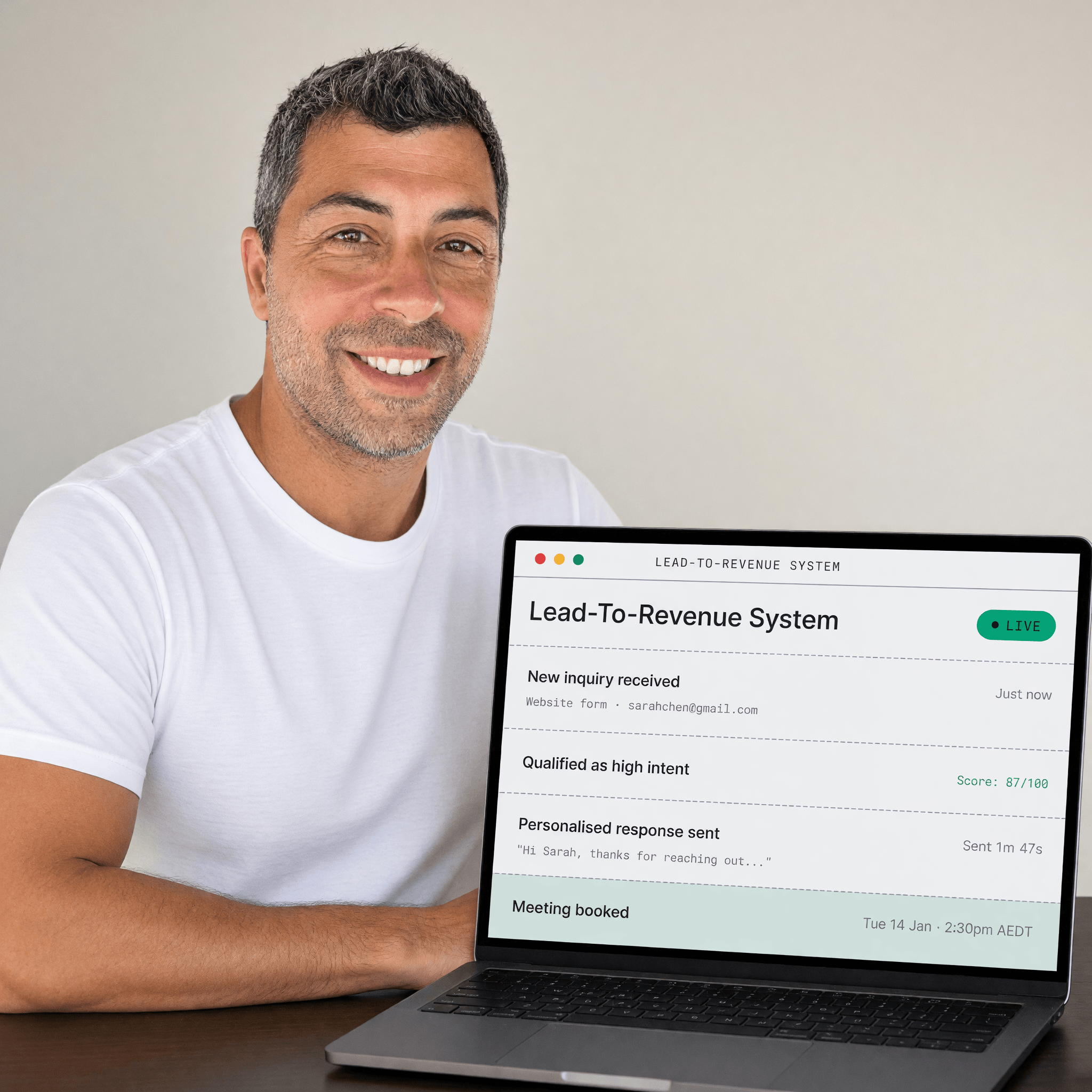 Andrea Baratta with the Lead-to-Revenue System dashboard